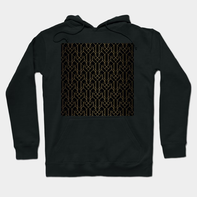 Black and Gold Fine Line Vintage Art Deco Geometric Pattern Hoodie by podartist